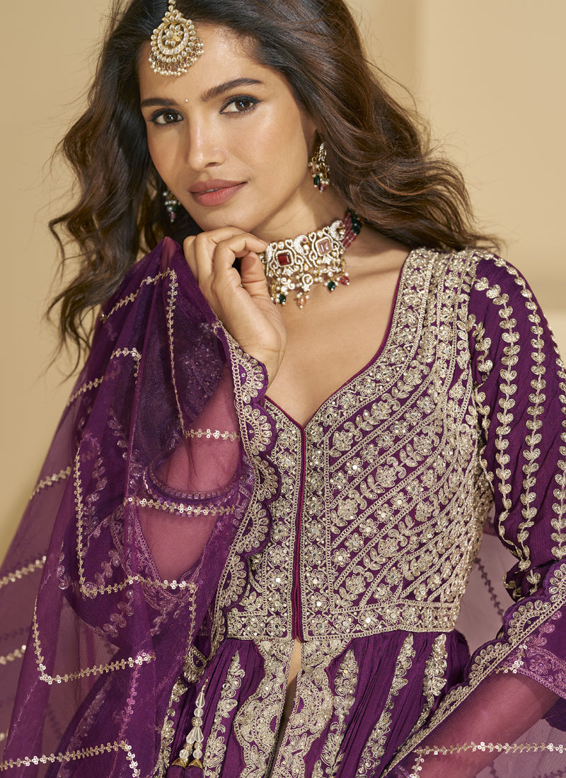 Vegaa Fashion Purple Chinon Silk Embroidered Lehenga Style Suit - Distacart