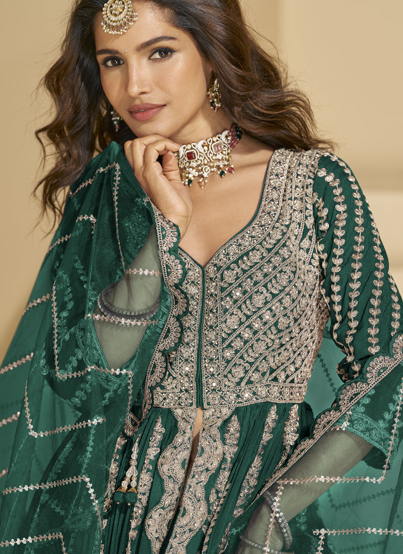 Vegaa Fashion Green Chinon Silk Embroidered Lehenga Style Suit