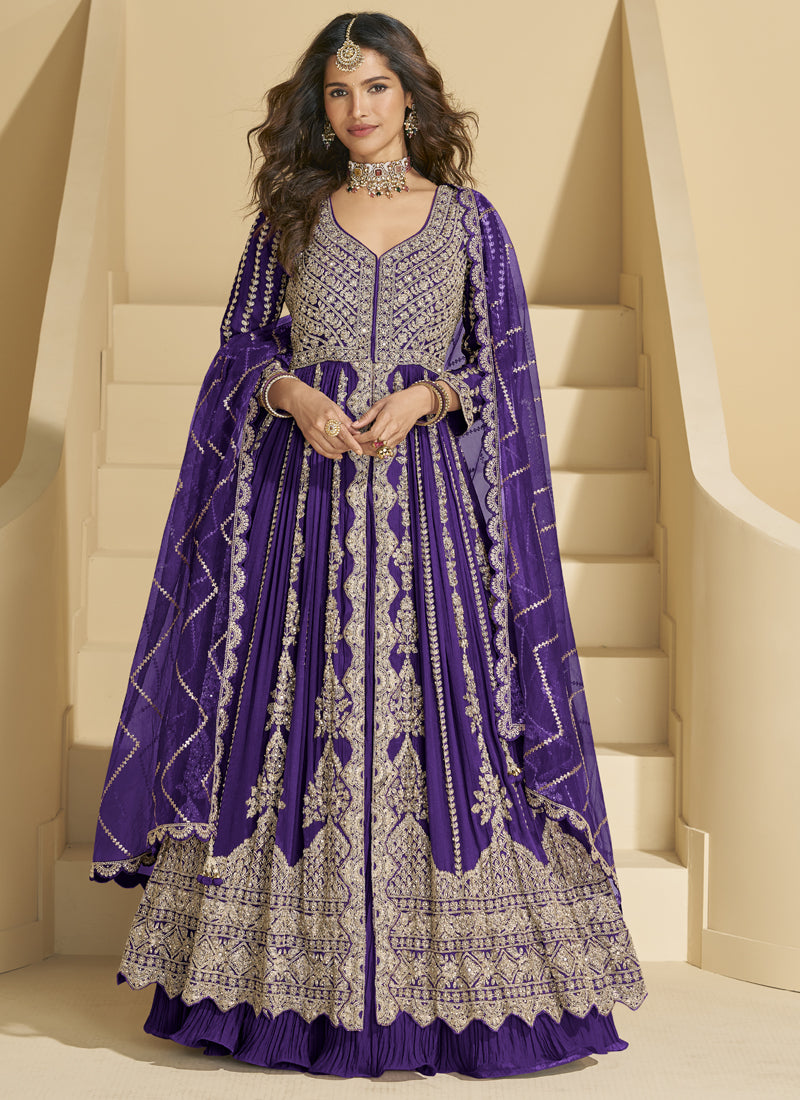 Vegaa Fashion Violet Chinon Silk Embroidered Lehenga Style Suit