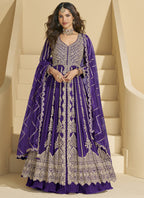 Vegaa Fashion Violet Chinon Silk Embroidered Lehenga Style Suit