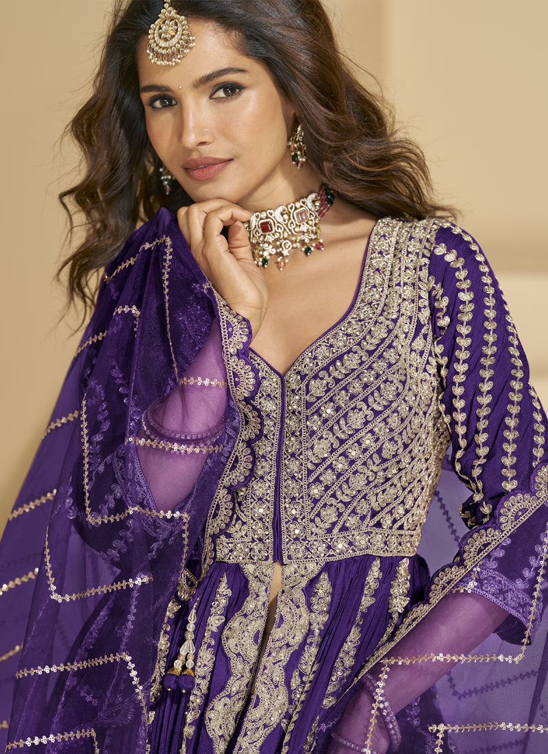 Vegaa Fashion Violet Chinon Silk Embroidered Lehenga Style Suit