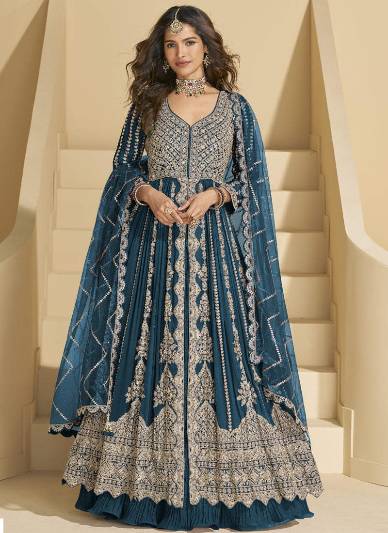 Vegaa Fashion Aqua Blue Chinon Silk Embroidered Lehenga Style Suit