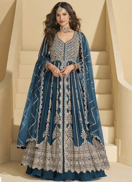 Vegaa Fashion Aqua Blue Chinon Silk Embroidered Lehenga Style Suit