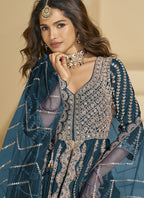 Vegaa Fashion Aqua Blue Chinon Silk Embroidered Lehenga Style Suit