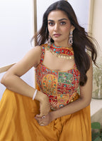 Vegaa Fashion Mustard Chinon Silk Embroidered Western Palazzo Suit