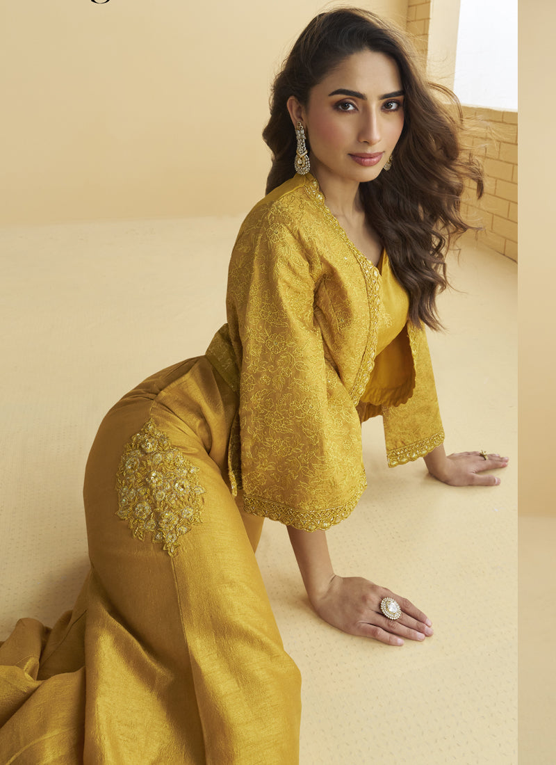 Vegaa Fashion Yellow Silk Embroidered Designer Palazzo With Jacket - Distacart