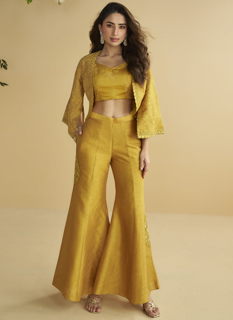 Vegaa Fashion Yellow Silk Embroidered Designer Palazzo With Jacket - Distacart