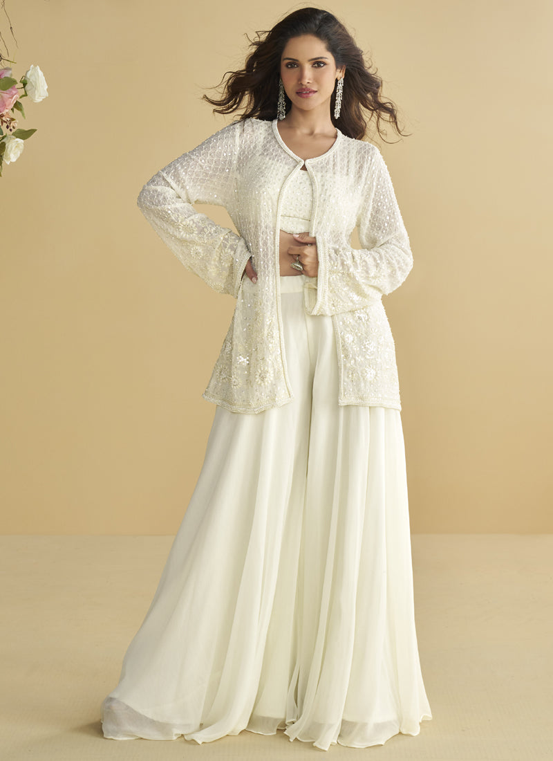 Vegaa Fashion White Georgette Embroidered Designer Palazzo With Jacket - Distacart