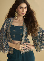 Vegaa Fashion Aqua Blue Georgette Embroidered Designer Palazzo With Jacket - Distacart