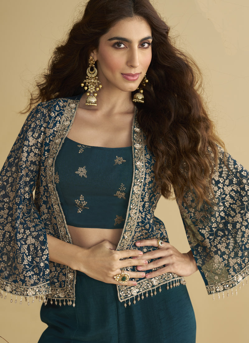 Vegaa Fashion Aqua Blue Georgette Embroidered Designer Palazzo With Jacket - Distacart