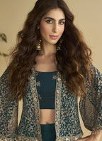 Vegaa Fashion Aqua Blue Georgette Embroidered Designer Palazzo With Jacket - Distacart