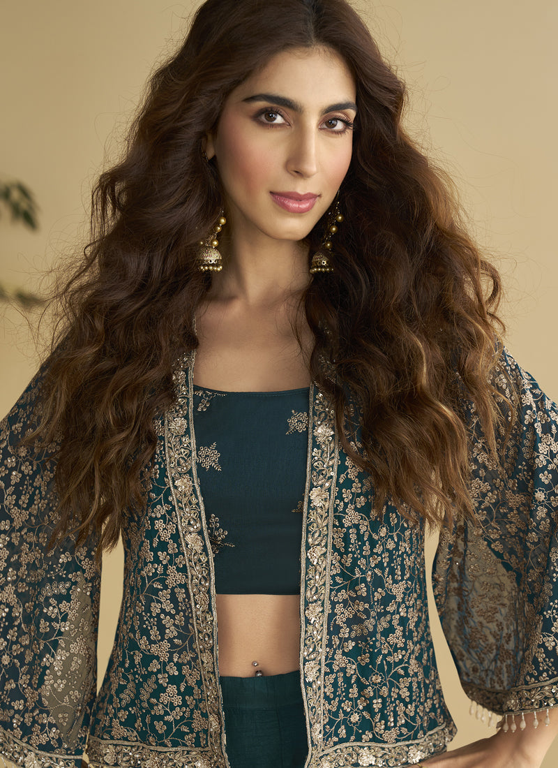 Vegaa Fashion Aqua Blue Georgette Embroidered Designer Palazzo With Jacket - Distacart