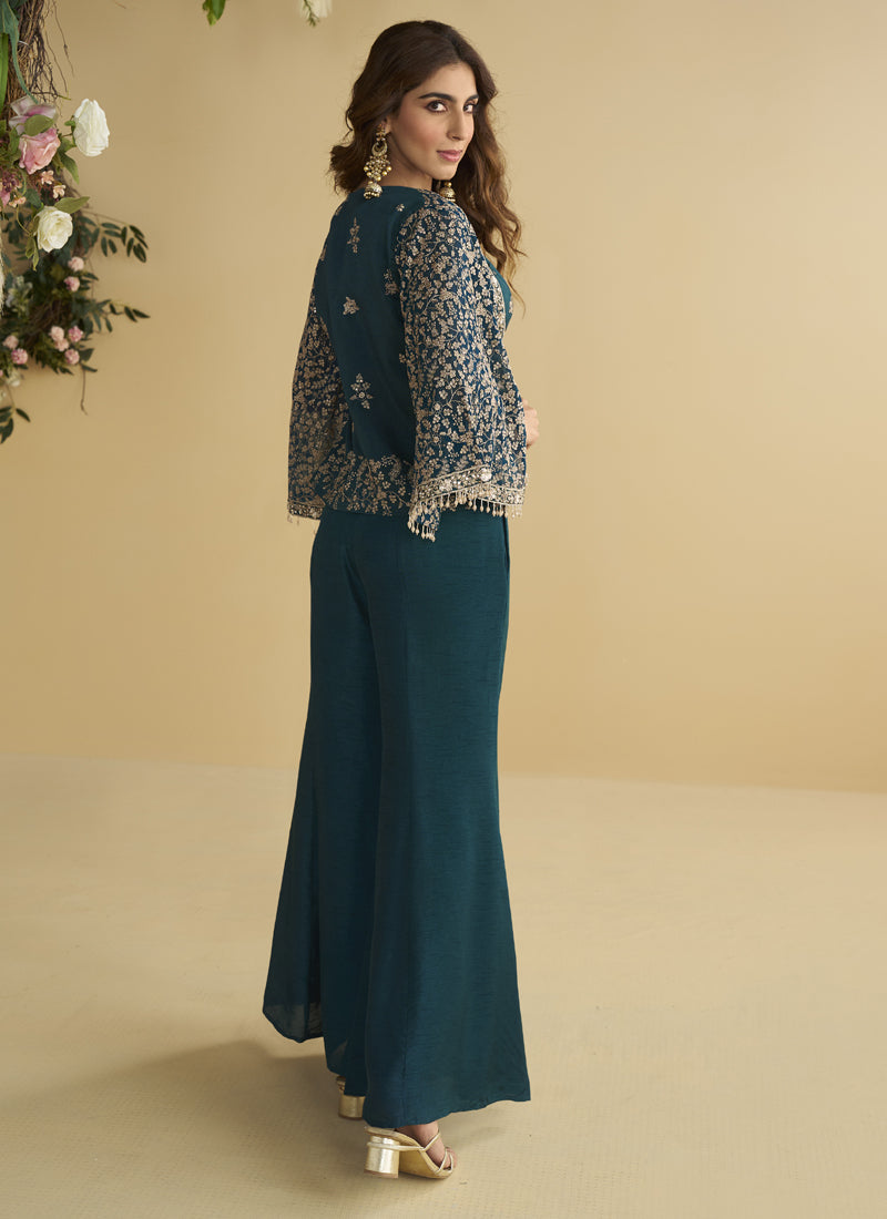 Vegaa Fashion Aqua Blue Georgette Embroidered Designer Palazzo With Jacket - Distacart
