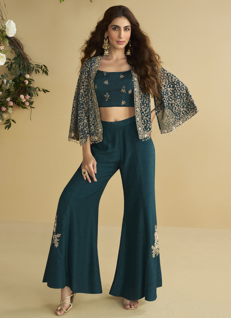 Vegaa Fashion Aqua Blue Georgette Embroidered Designer Palazzo With Jacket - Distacart
