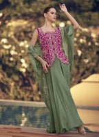 Vegaa Fashion Mehendi Chinon Silk Embroidered Western Palazzo Suit - Distacart
