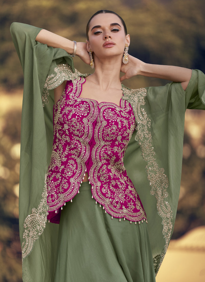 Vegaa Fashion Mehendi Chinon Silk Embroidered Western Palazzo Suit - Distacart
