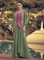 Vegaa Fashion Mehendi Chinon Silk Embroidered Western Palazzo Suit - Distacart