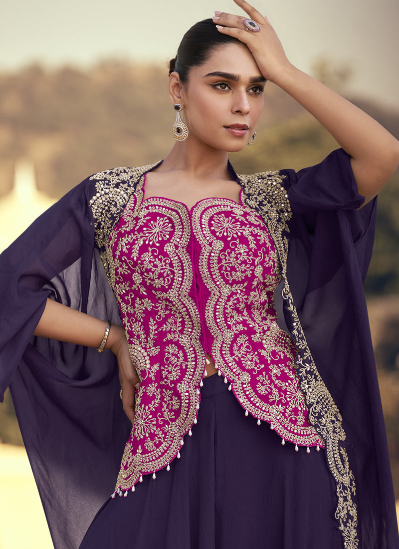 Vegaa Fashion Purple Chinon Silk Embroidered Western Palazzo Suit - Distacart