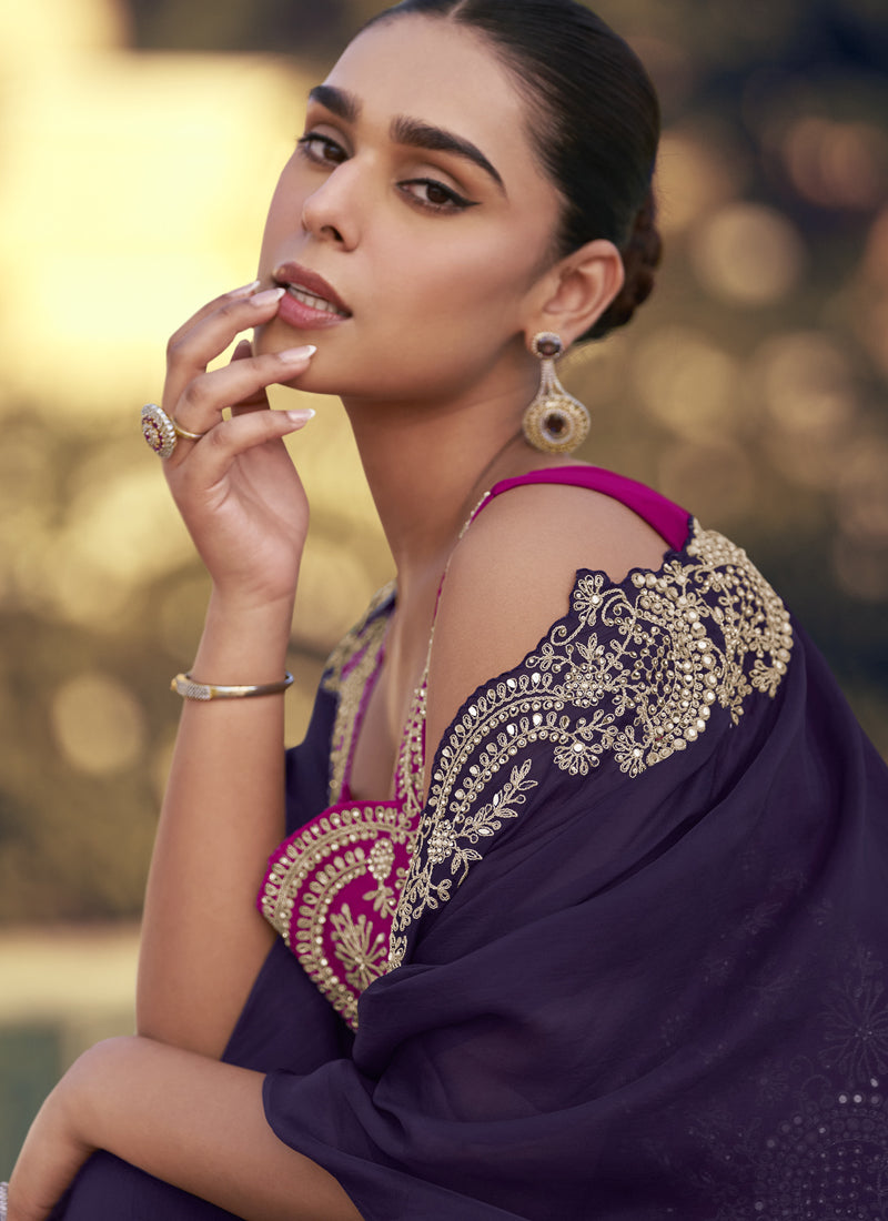 Vegaa Fashion Purple Chinon Silk Embroidered Western Palazzo Suit - Distacart