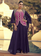 Vegaa Fashion Purple Chinon Silk Embroidered Western Palazzo Suit - Distacart