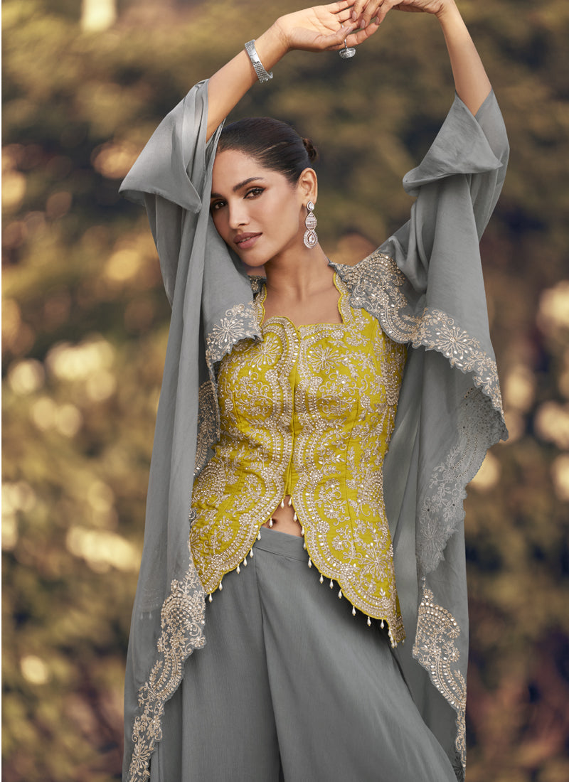 Vegaa Fashion Grey Chinon Silk Embroidered Western Palazzo Suit - Distacart