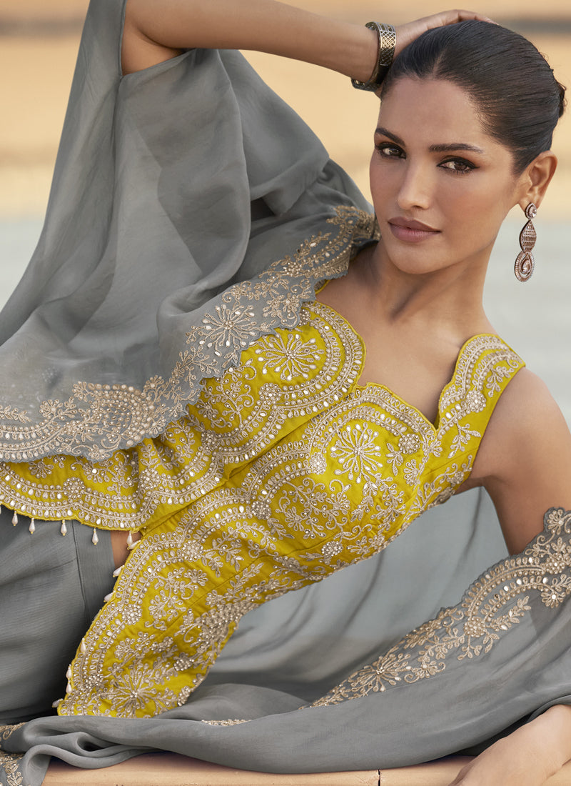 Vegaa Fashion Grey Chinon Silk Embroidered Western Palazzo Suit - Distacart
