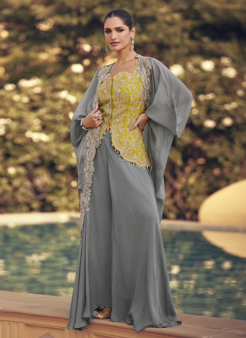 Vegaa Fashion Grey Chinon Silk Embroidered Western Palazzo Suit - Distacart