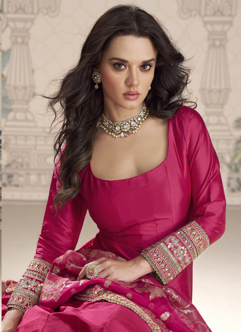Vegaa Fashion Rani Pink Viscose Jacquard Silk Embroidered Gown With Viscose Dupatta - Distacart