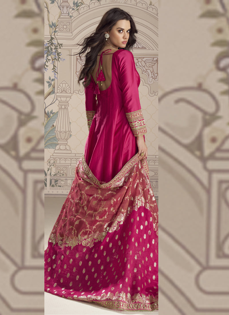 Vegaa Fashion Rani Pink Viscose Jacquard Silk Embroidered Gown With Viscose Dupatta - Distacart