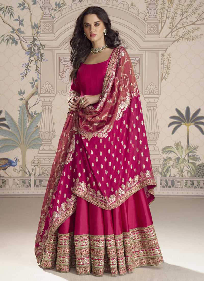 Vegaa Fashion Rani Pink Viscose Jacquard Silk Embroidered Gown With Viscose Dupatta - Distacart
