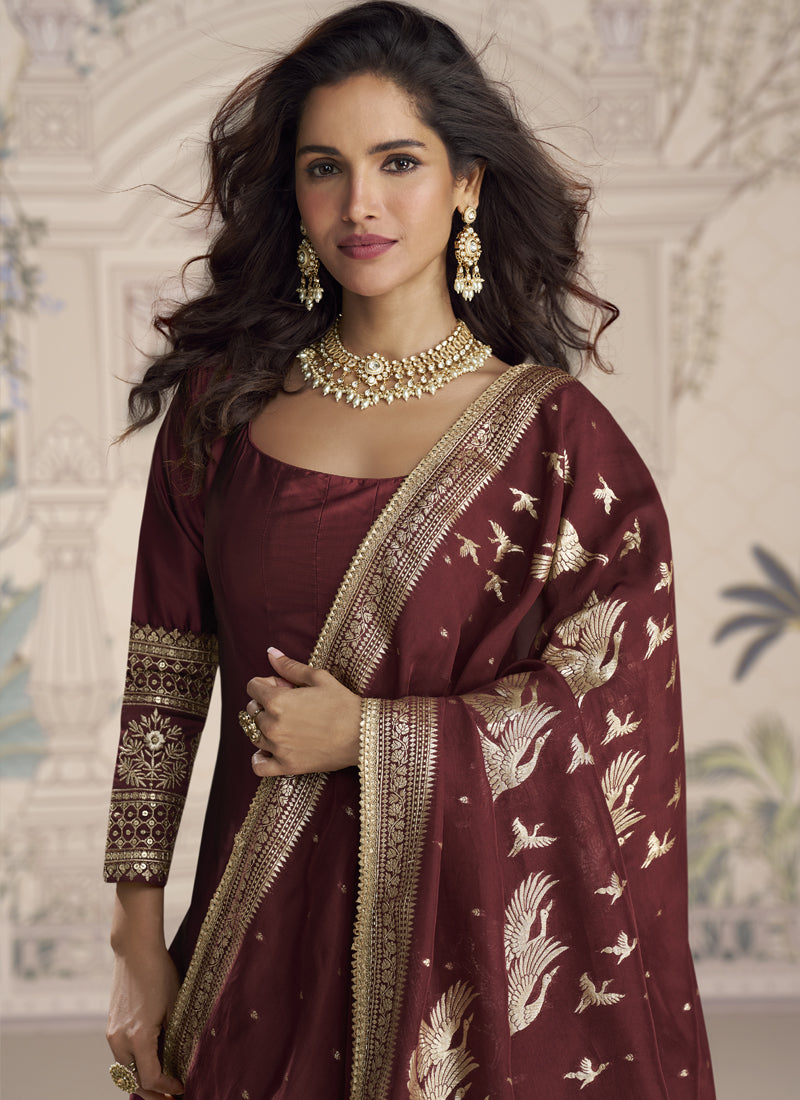 Vegaa Fashion Maroon Viscose Jacquard Silk Embroidered Gown With Viscose Dupatta - Distacart