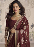 Vegaa Fashion Maroon Viscose Jacquard Silk Embroidered Gown With Viscose Dupatta - Distacart