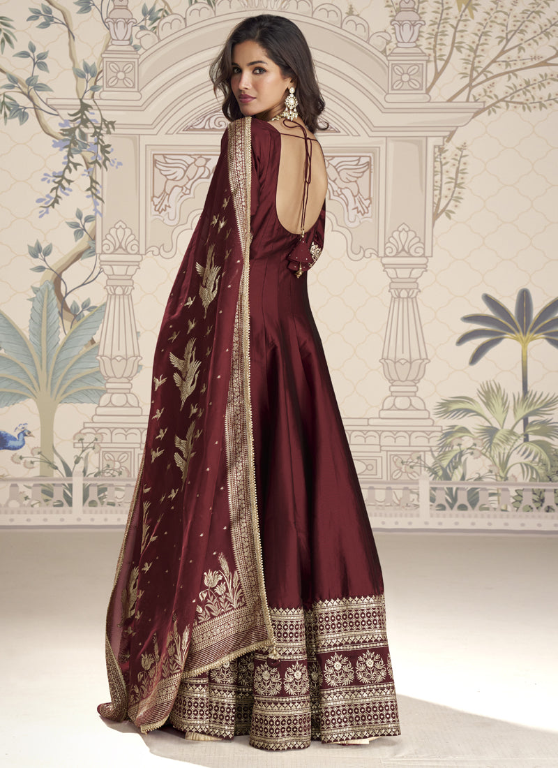 Vegaa Fashion Maroon Viscose Jacquard Silk Embroidered Gown With Viscose Dupatta - Distacart