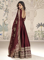 Vegaa Fashion Maroon Viscose Jacquard Silk Embroidered Gown With Viscose Dupatta - Distacart