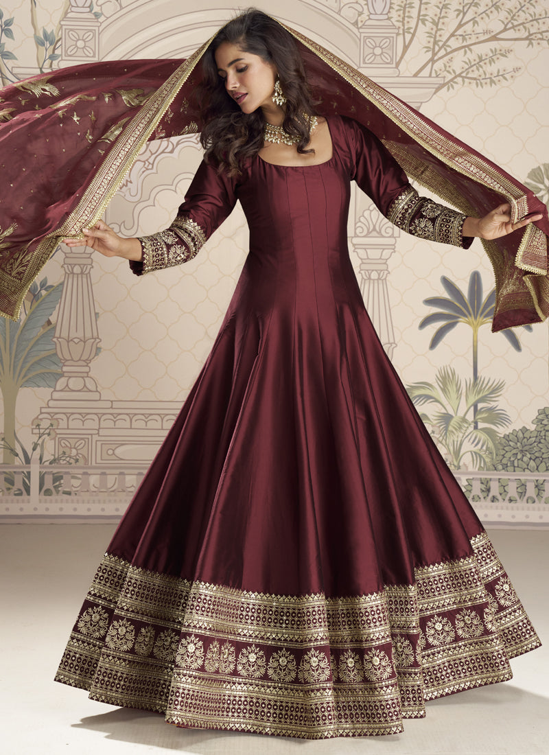 Vegaa Fashion Maroon Viscose Jacquard Silk Embroidered Gown With Viscose Dupatta - Distacart