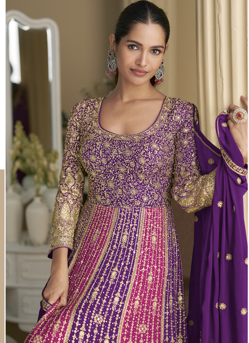 Vegaa Fashion Violet Georgette Embroidered Seroski Zarkan Gown With Embroidered Dupatta - Distacart