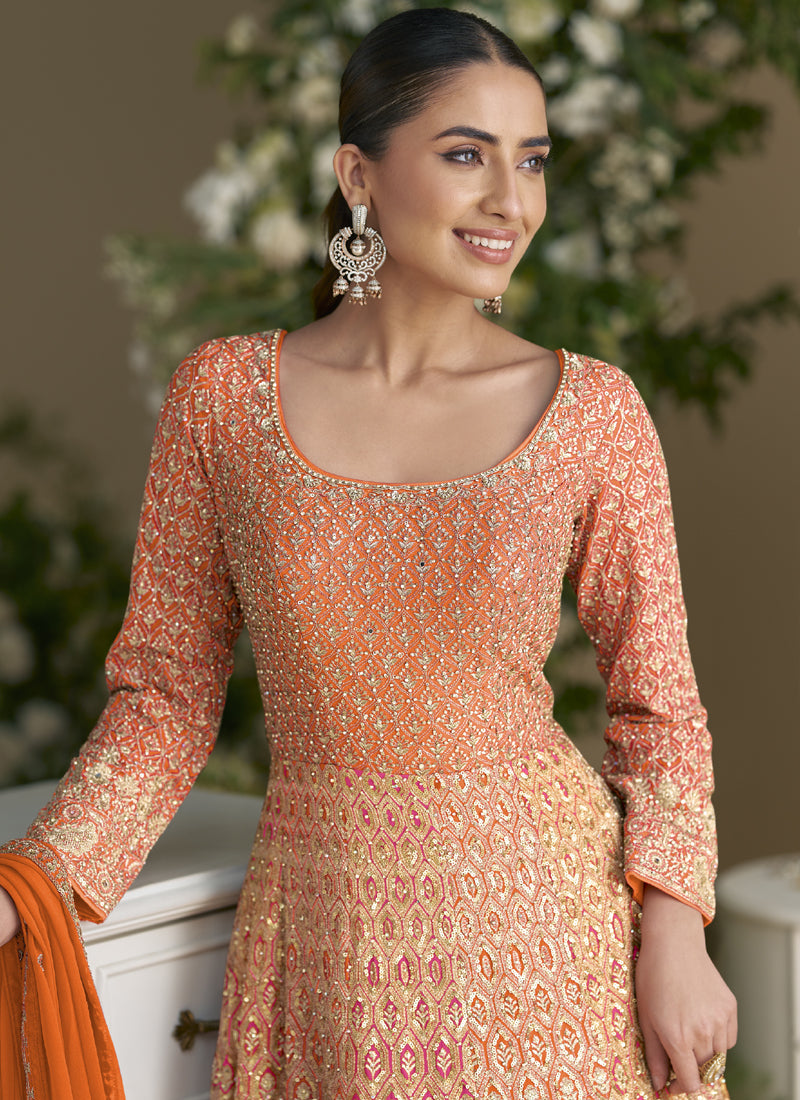 Vegaa Fashion Orange Embroidered Seroski Zarkan Gown With Embroidered Dupatta - Distacart