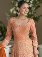 Vegaa Fashion Orange Embroidered Seroski Zarkan Gown With Embroidered Dupatta - Distacart