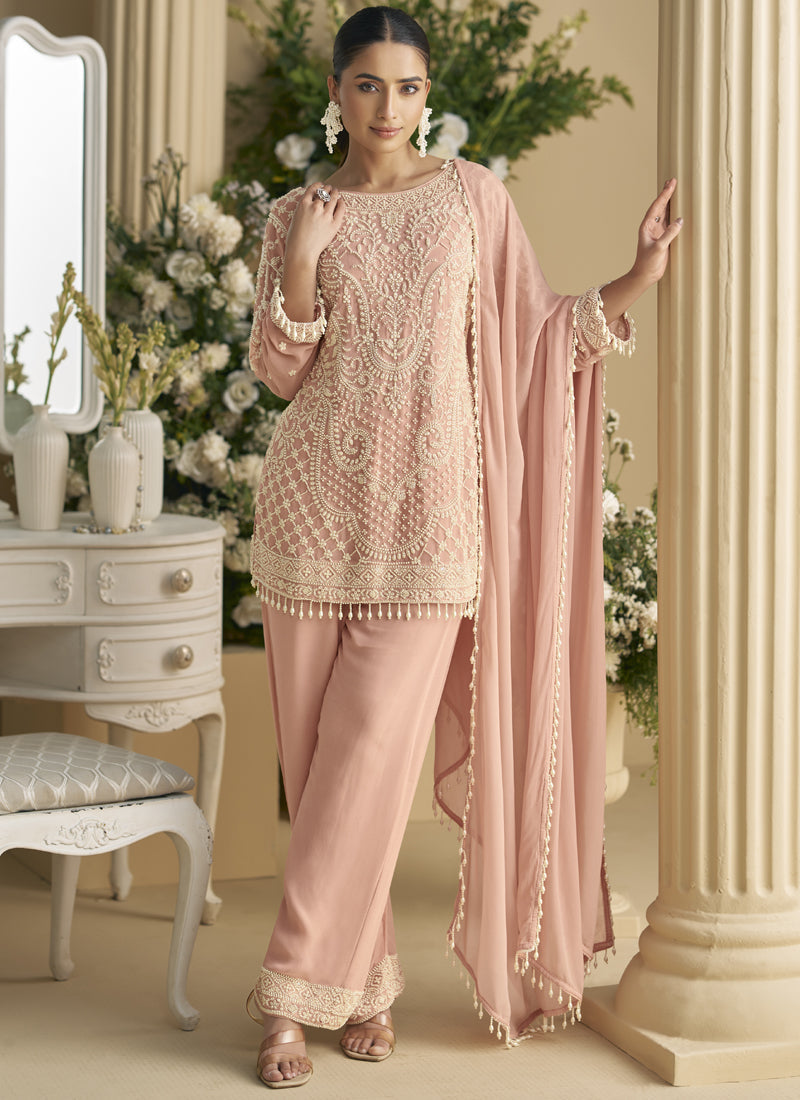 Vegaa Fashion Light Peach Georgette And Net Embroidered Beads Work Salwar Suit - Distacart