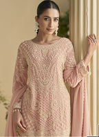 Vegaa Fashion Light Peach Georgette And Net Embroidered Beads Work Salwar Suit - Distacart