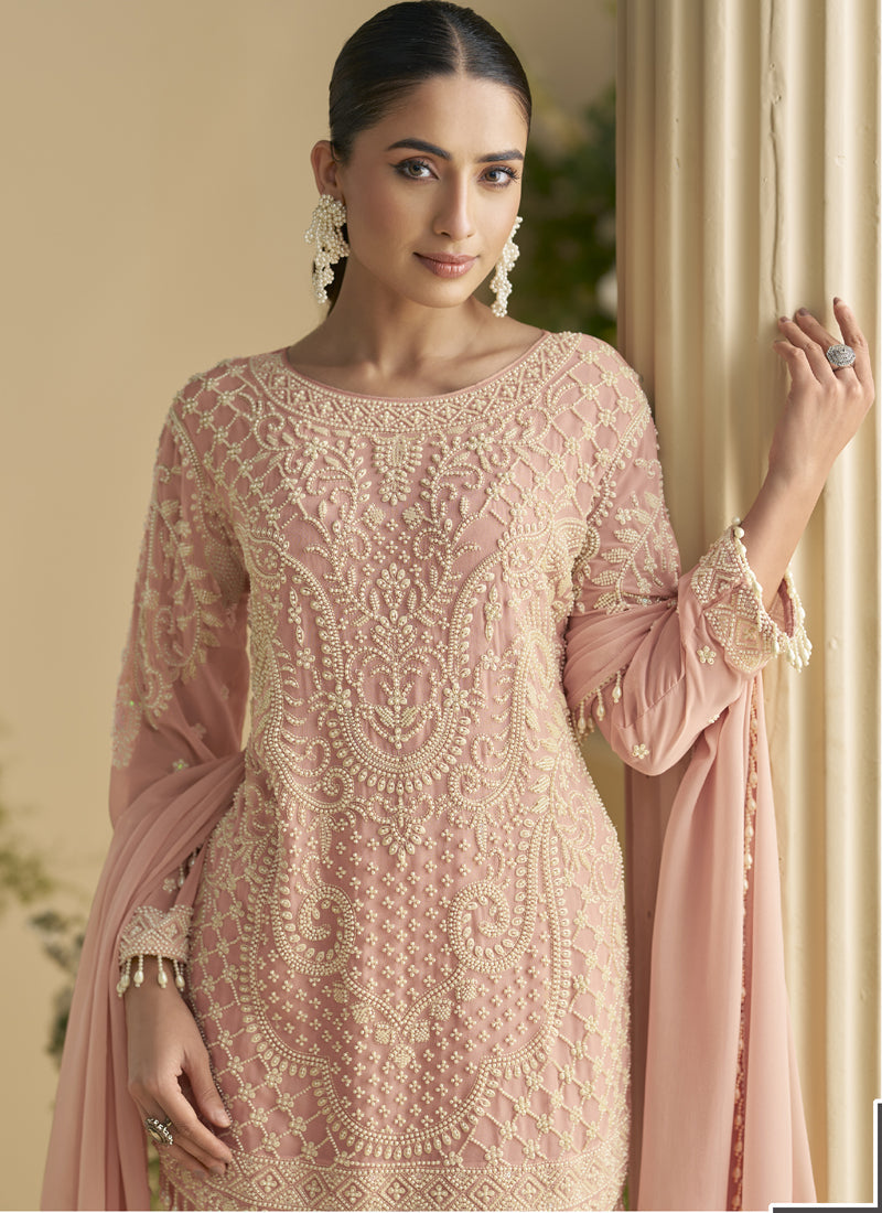 Vegaa Fashion Light Peach Georgette And Net Embroidered Beads Work Salwar Suit - Distacart