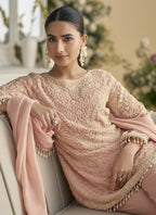 Vegaa Fashion Light Peach Georgette And Net Embroidered Beads Work Salwar Suit - Distacart