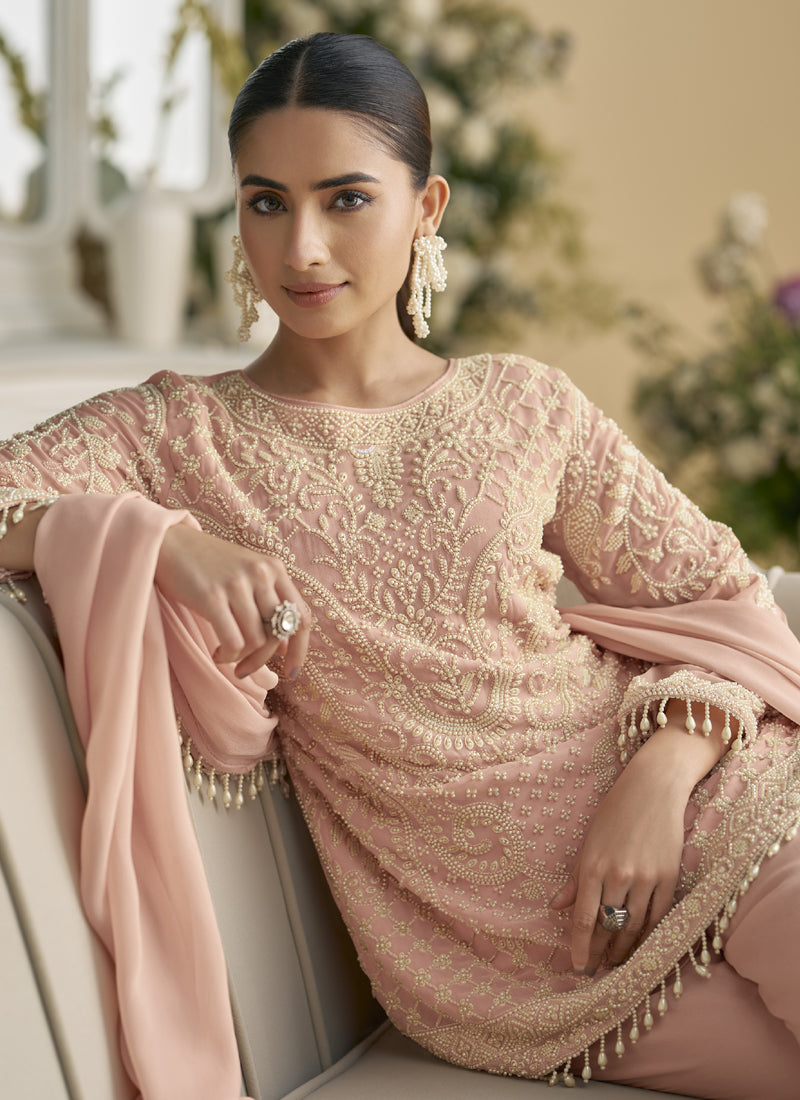 Vegaa Fashion Light Peach Georgette And Net Embroidered Beads Work Salwar Suit - Distacart