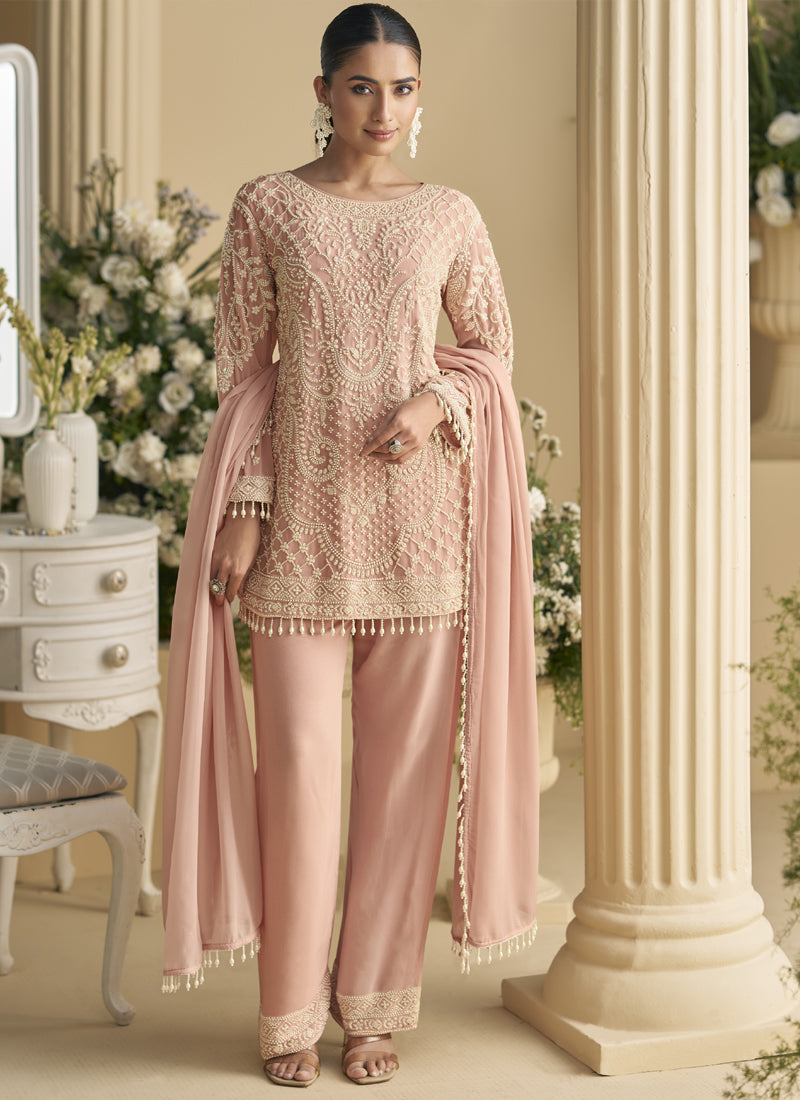 Vegaa Fashion Light Peach Georgette And Net Embroidered Beads Work Salwar Suit - Distacart