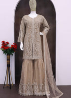 Vegaa Fashion Beige Net Embroidered Sequin Designer Palazzo Suit - Distacart