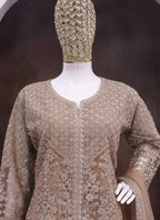 Vegaa Fashion Beige Net Embroidered Sequin Designer Palazzo Suit - Distacart