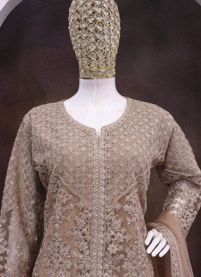 Vegaa Fashion Beige Net Embroidered Sequin Designer Palazzo Suit - Distacart