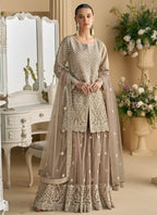 Vegaa Fashion Beige Georgette And Net Embroidered Beads Work Palazzo Suit - Distacart