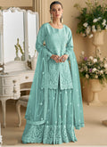 Vegaa Fashion Turquoise Net Embroidered Sequin Designer Palazzo Suit - Distacart