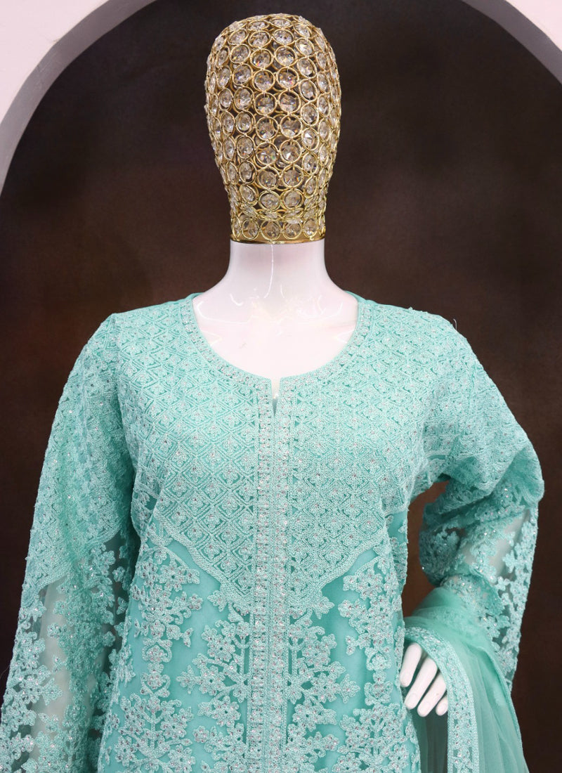 Vegaa Fashion Turquoise Net Embroidered Sequin Designer Palazzo Suit - Distacart